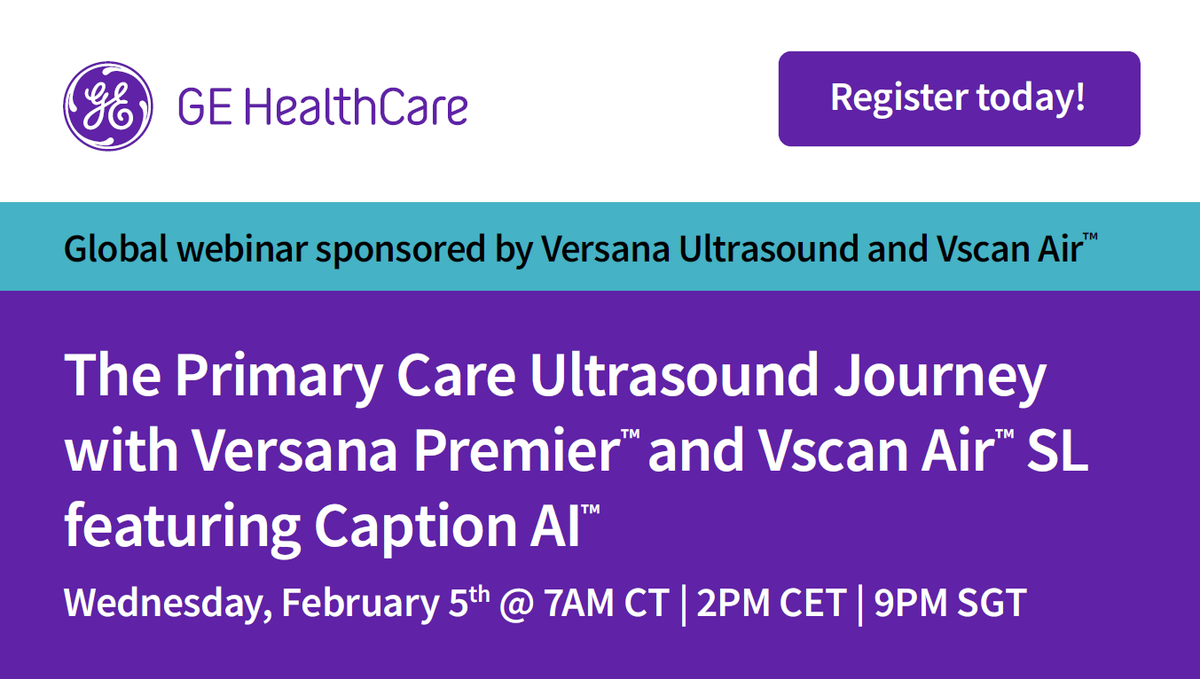vscan's tweet photo. Join GE HealthCare for an educational webinar with Dr. Martin Altersberger as he explores real-world case studies demonstrating how Versana Premier™ ultrasound and Vscan Air™ SL handheld ultrasound with Caption AI™ can enhance your primary care practice.
Don't miss this opportunity to see how advanced ultrasound technology can transform patient care in primary care. Register now and secure your spot! https://t.co/SfpFEAKecz
@heart_n_lungs
#GEHealthCare #Ultrasound #PrimaryCare #VersanaUltrasound #VersanaPremier #VscanAirSL #CaptionAI