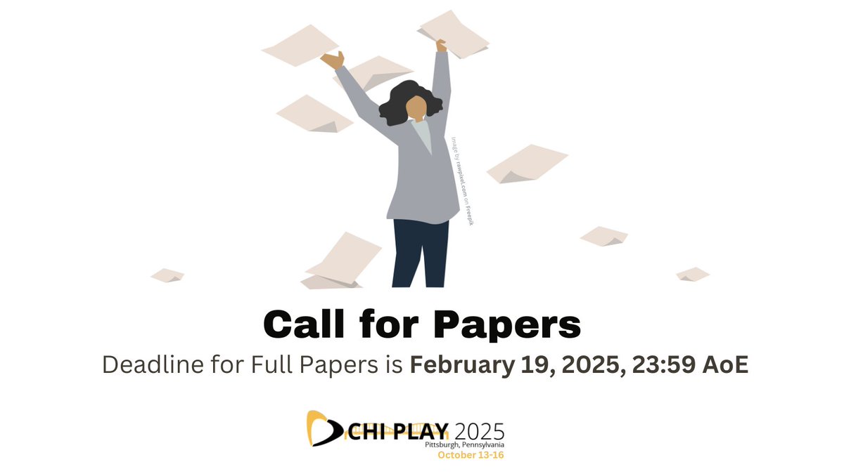 ACM CHI PLAY (@acmchiplay) on Twitter photo We have published the Call for Papers for #CHIPLAY2025!
CHI PLAY 2025 will take place October 13-16 in Pittsburgh, Pennsylvania.
Deadline for Full Paper Submissions is February 19, 2025 (23.59 AoW).
<a href="/sigchi/">ACM SIGCHI</a> #chiplay We have published the Call for Papers for #CHIPLAY2025!
CHI PLAY 2025 will take place October 13-16 in Pittsburgh, Pennsylvania.
Deadline for Full Paper Submissions is February 19, 2025 (23.59 AoW).
<a href="/sigchi/">ACM SIGCHI</a> #chiplay