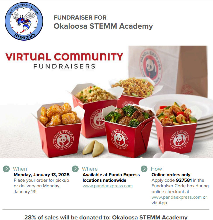 Monday, January 13 - Panda Express! You can order anywhere in the US. 28% goes to STEMM. Order Online through PandaExpress.com or the App and apply your Online Ordering Code 927581