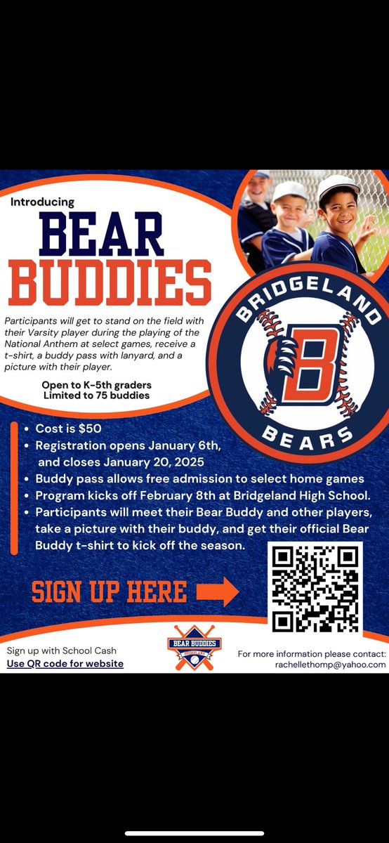 Come join our baseball buddy program for the upcoming season. We only have one week left until registration is closed and we only have a couple spots left. Go Bears!