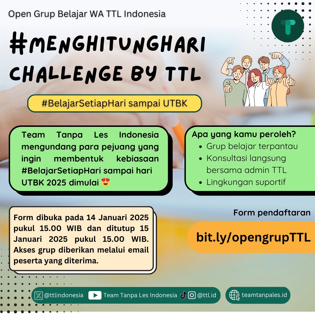 ttlindonesia's tweet photo. 📢GRUP TTL SIAP MENEMANI KAMU SAMPAI UTBK 😍

Memanggil para pejuang UTBK khususnya buat yang perlu ditemenin belajar sampai UTBK ‼️Mari bergabung grup WA TTL 📱

Gimana cara joinnya?
1. RT post ini
2. Buka tautan https://t.co/8iA24PP812 sesuai waktu

Sampai berjumpa di grup!👋 https://t.co/ijjq4jldIT