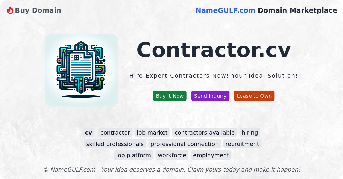 ngmbot's tweet photo. 🔥 Listing: https://t.co/CxtAsx1Djr on @namegulf
✨ Hire Expert Contractors Now! Your Ideal Solution!
👉 https://t.co/zjPVdxqoKA
#contractor #jobmarket #contractorsavailable #hiring #skilledprofessionals https://t.co/IzAvHEFybZ
