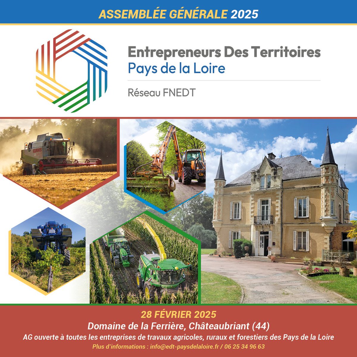 EDT Pays de la Loire (@edt_pdl) on Twitter photo Assemblée Générale EDT Pays de la Loire 2025 : rendez-vous le 28 février au Domaine de la Ferrière à Châteaubriant !
Les bulletins d'inscription seront envoyés prochainement par mail.
Pour tout renseignement : info@edt-paysdelaloire.fr ou 06 25 34 96 63 Assemblée Générale EDT Pays de la Loire 2025 : rendez-vous le 28 février au Domaine de la Ferrière à Châteaubriant !
Les bulletins d'inscription seront envoyés prochainement par mail.
Pour tout renseignement : info@edt-paysdelaloire.fr ou 06 25 34 96 63