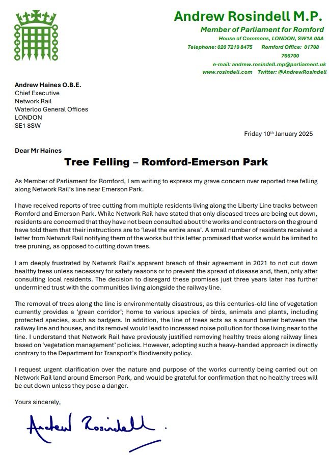 I am furious to hear from local residents who live along the Romford to Emerson Park "push and pull" Liberty Line that healthy trees are being cut down by <a href="/networkrail/">Network Rail</a> having had this same battle with them exactly three years ago! I was able to get it stopped then and so once