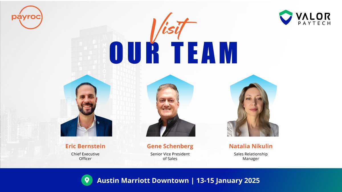 Team Valor PayTech is headed to Austin Marriott Downtown for the <a href="/_Payroc/">Payroc</a> Sales Summit 2025 on Jan 13! 

👨‍💼Eric Bernstein 🤝Gene Schenberg 🌟Natalia Nikulin 

Meet us &amp; talk about strategy! 

🔗hubs.li/Q0321frf0 

#MeetTheTeam #PaymentTechnology #AustinTX
