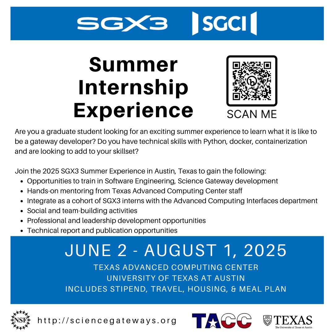 Are you a graduate student looking to learn how to be a gateway developer? Do you have technical skills with #Python, #docker, and #containerization &amp; are looking to add to your skillset?
Applications now open: 2025 SGX3 Summer Experience at <a href="/TACC/">TACC</a>

Apply: buff.ly/3C3khRl