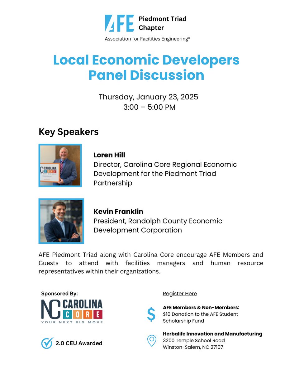 FacilitiesEng's tweet image. 🔑 Unlock insights into economic development!
🎤 Speakers: Loren Hill &amp;amp; Kevin Franklin
📅 January 23, 2025 | 3:00 PM
📍 Herbalife Innovation and Manufacturing

📞 88 432 1264
📧 membership@afe.org
-
-
-
#AFEPanels #EconomicDevelopers #NetworkingEvent #FacilitiesExperts