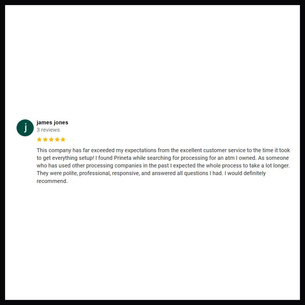 Prineta's tweet photo. Thank you James in Dayton Ohio for this fantastic review of our ATM processing services! We appreciate the kind words! ⭐⭐⭐⭐⭐ 

#Prineta #PrinetaUSA #ATM #ATMs #ATMCompany #PrinetaReviews #PrinetaATM #ATMCompanies #ATMVendor #ATMProcessing #Ohio #Dayton #Cincinnati #OhioATM https://t.co/50gbL3pSAw