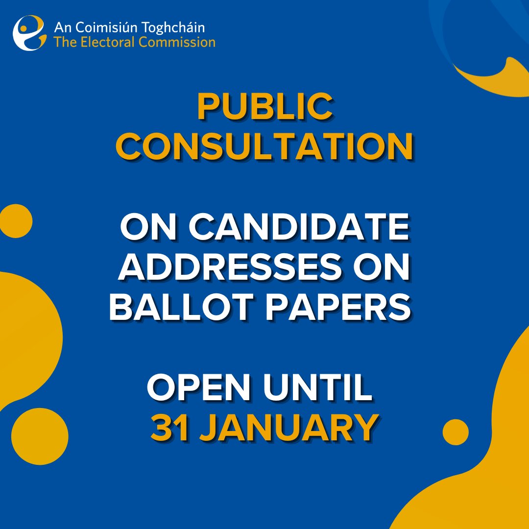 📢Public consultation on the inclusion of candidate addresses on ballot papers now open for submissions.

The deadline for submissions is: 31 January 2025

👉Find more information about this research and how to lodge your submission:
electoralcommission.ie/research-progr…

#research