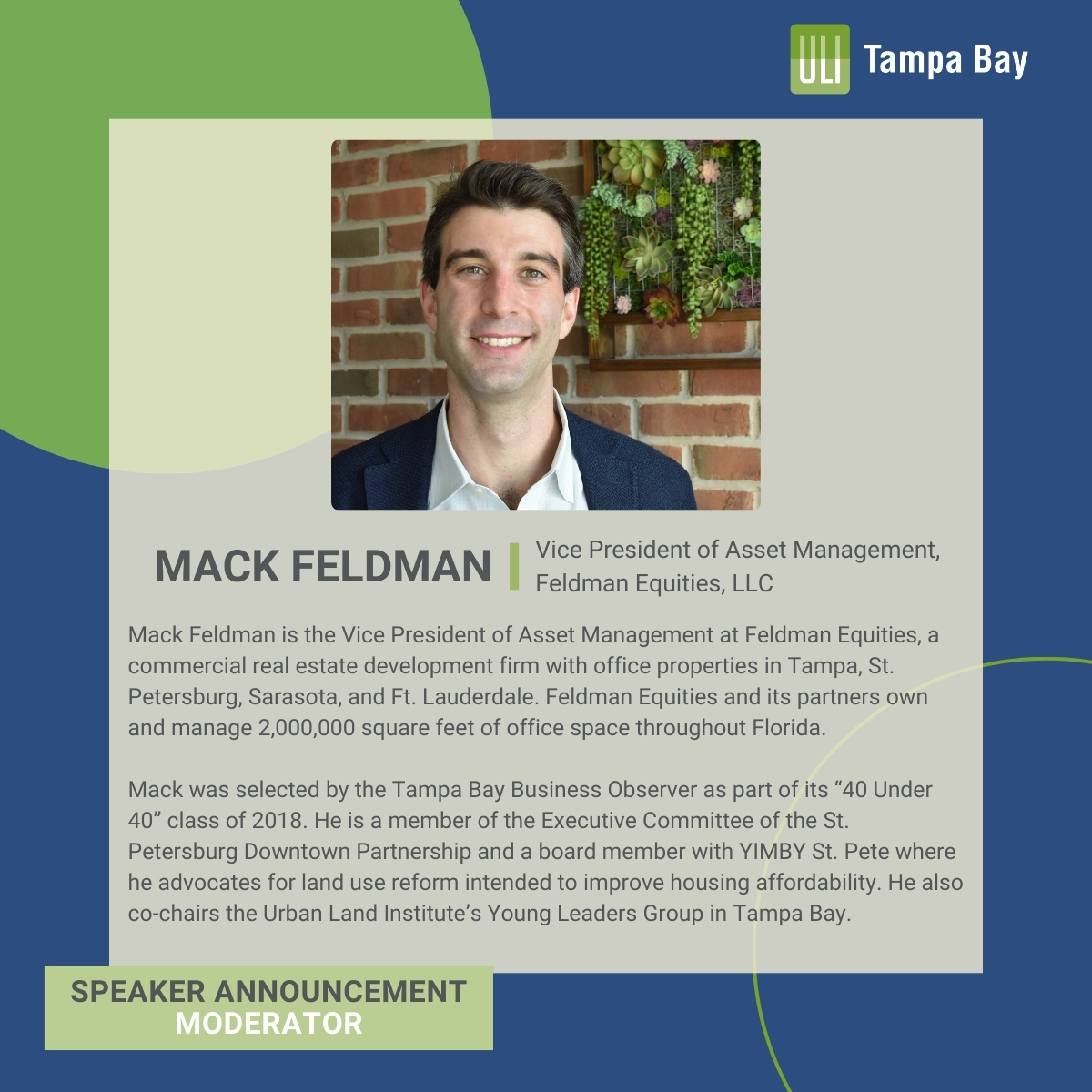ULITampaBay's tweet photo. Mack Feldman will be moderating our first event of the year at the January StimULI Breakfast panel discussion on January 16! Get to know Mack prior to the event. Register today as spots are limited!

Link to Register: https://t.co/Dd66sSEVLf

#ULITampaBay #EmploymentSitesProgram https://t.co/RC4qgQscYC