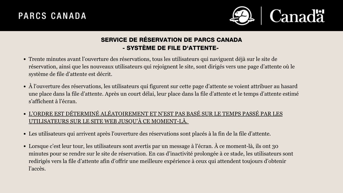 La période des réservations de camping 2025 débute dans quelques jours ! 😀 Voici à quoi vous attendre durant les journées de lancement ⬇ 

 Assurez-vous que votre compte est à jour avant le 17 janvier : reservation.pc.gc.ca/?locale=fr-CA