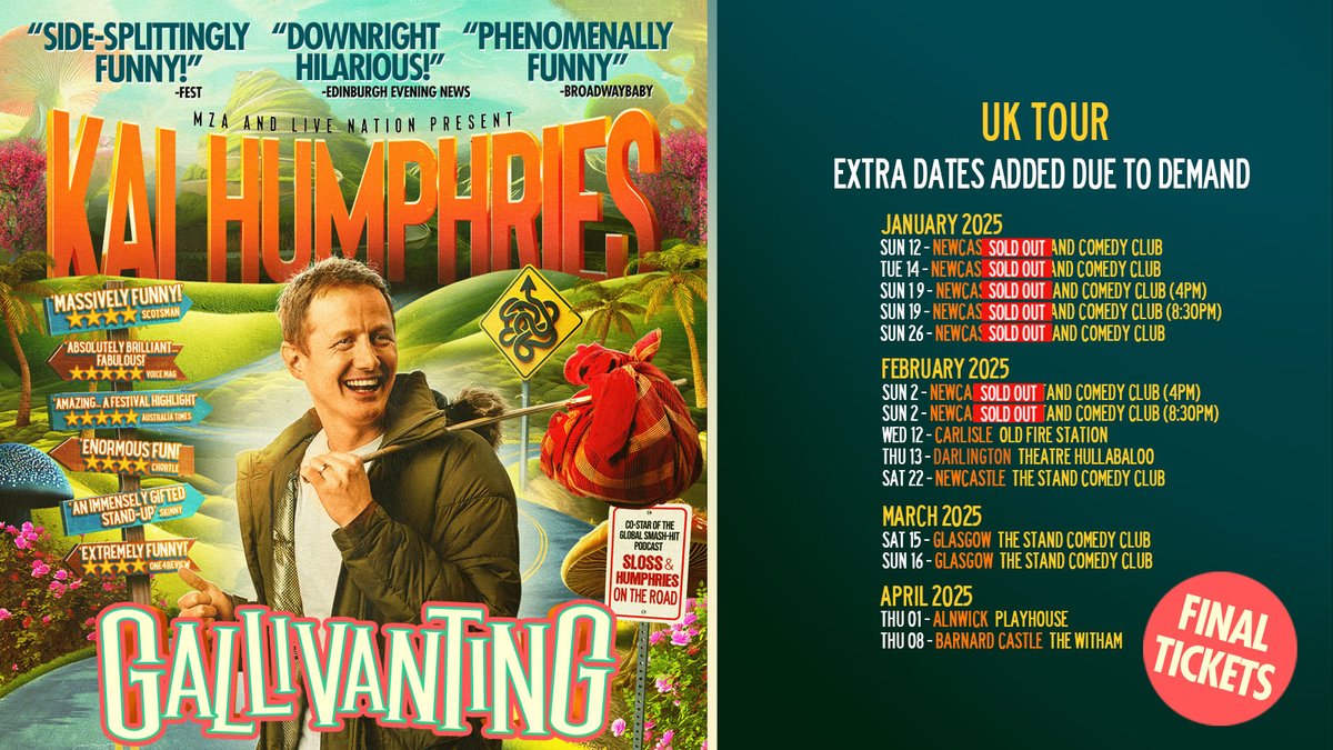 Live Nation UK (@livenationuk) on Twitter photo Internationally acclaimed & award-winning comedian <a href="/kaihumphries/">Kai Humphries</a> is taking the ‘Gallivanting’ tour across the UK this year 🙌
Snap up final remaining tickets now 👉 livenation.uk/CLpz50UEbMv Internationally acclaimed & award-winning comedian <a href="/kaihumphries/">Kai Humphries</a> is taking the ‘Gallivanting’ tour across the UK this year 🙌
Snap up final remaining tickets now 👉 livenation.uk/CLpz50UEbMv