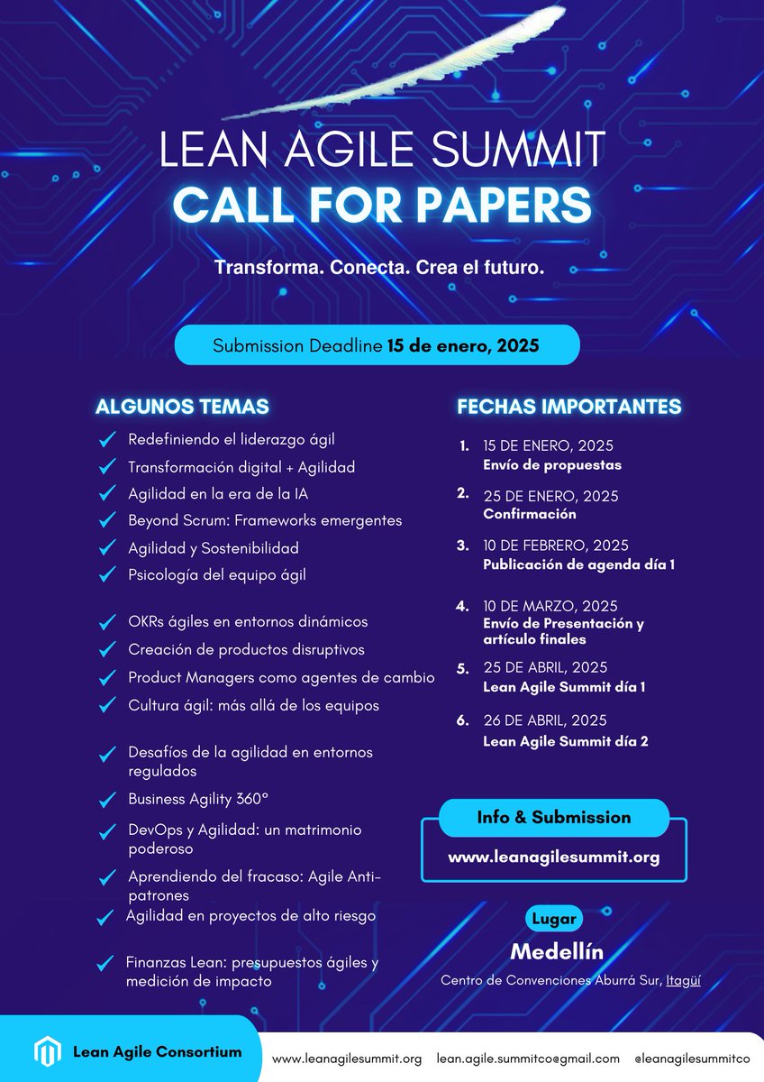LeanAgileSummit's tweet photo. 🚨 ¡Última llamada, agentes del cambio! 🚨
🕒 ¡El sprint de nuestro Call for Sessions cierra el 15 de enero! 🕒
⚡ La comunidad Agile te espera. ¡Envíanos tu propuesta ya! ⚡
 👉https://t.co/MyltSNPaBb
#LeanAgileSummit2025 #CallForPapers #LeanAgileSummit #Lean #Agile #Conferencia https://t.co/H66c7JNtzO