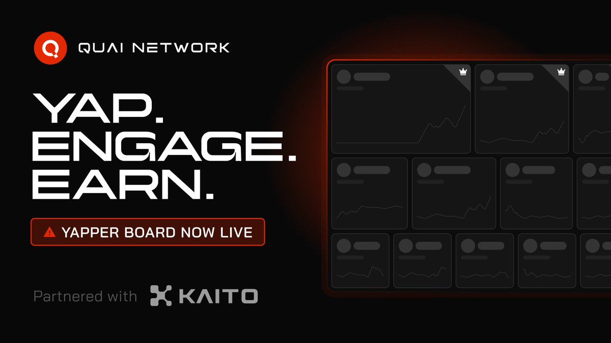 QuaiNetwork's tweet photo. QUAI x KaitoAI

We're partnering with @_kaitoai to launch our very own Quai Yapper leaderboard! 🎉

Kaito is web3's leading AI platform rewarding authentic community engagement through the Yappers Leaderboard - track your mindshare, compete, and earn rewards for real contributions.

Whether you're an emerging yapper, an elaborate writer, or Quai enthusiast, your tweets can earn you $QUAI rewards! Get involved by mentioning @QuaiNetwork in your posts & engaging with the community.

The rewards are available for both the Quai Leaderboard and the Kaito Yapper Leaderboard.

Time to yap and reignite the crypto revolution together! ⚡️💵

Yap. Engage. Earn.
Check your rank: https://t.co/Y1WBQOPIu1