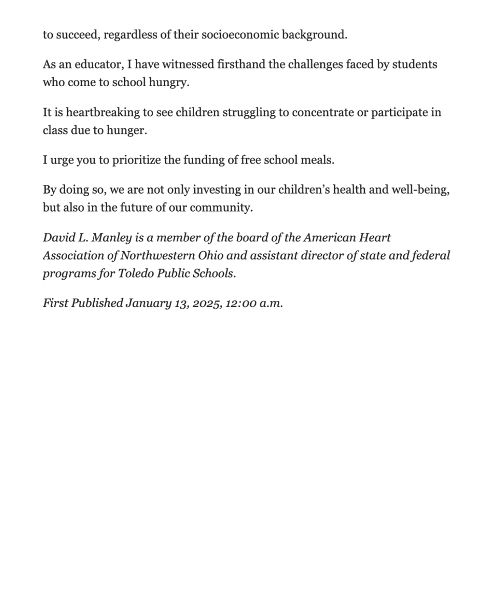 Support for #HungerFreeSchoolsOH continues to build. David L. Manley writes: "It is heartbreaking to see children struggling to concentrate or participate in class due to hunger. I urge you to prioritize the funding of free school meals." Thanks, David!

toledoblade.com/opinion/letter…