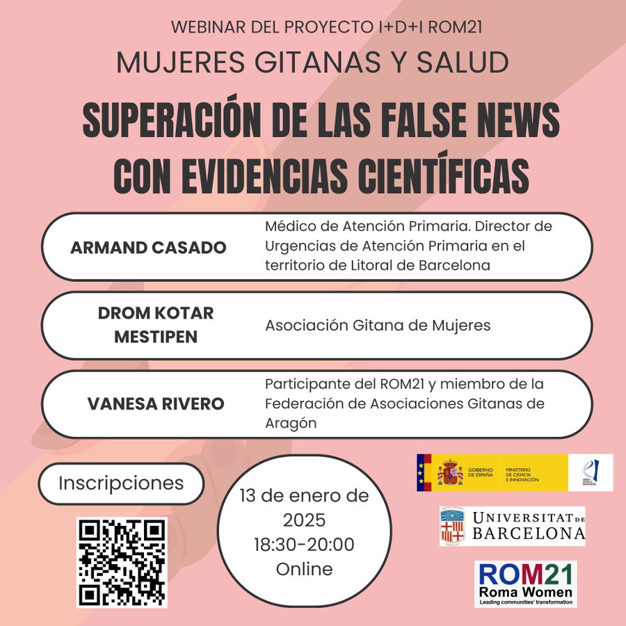Encara ets a temps d'assistir a la webinar d'avui del projecte <a href="/ROM21_project/">ROM21</a>. Ens veiem a les 18:30 online per dialogar sobre evidències científiques d'impacte social en l'àmbit de salut i dones gitanes. Inscripcions: forms.office.com/e/XdnRPk6tfg