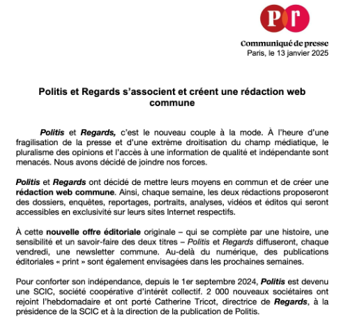 pjacquemain's tweet photo. 🌟Nouveauté 2025, @Politis_fr et @Regards_fr s'associent et créent une rédaction web commune. Pour toujours plus de contenus originaux, de qualité. Et en toute indépendance. Soutenez-nous, abonnez-vous ! https://t.co/HlkY5HX5YO