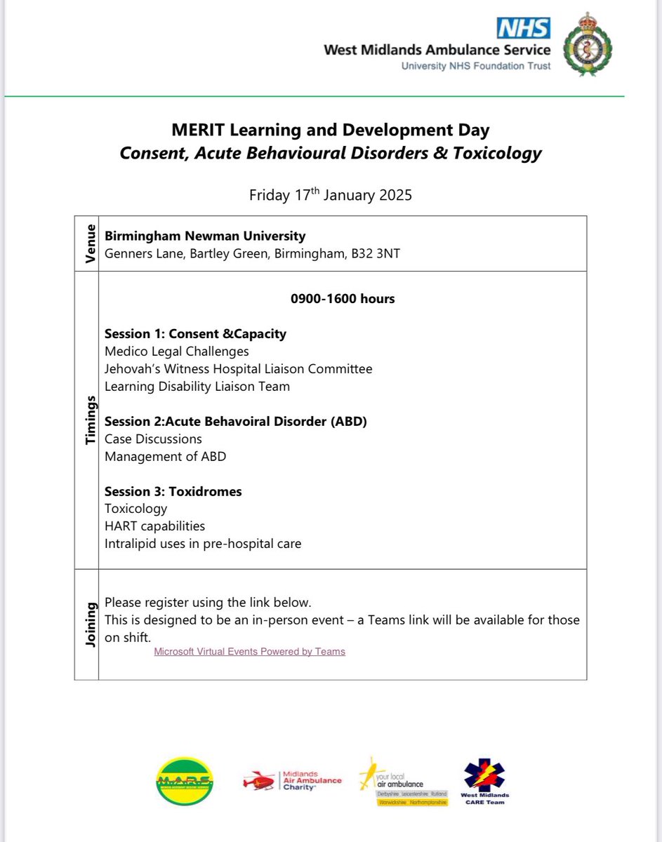 Caroline Leech (@leechcaroline) on Twitter photo Opportunity for clinicians to join <a href="/WMASMERIT/">WMAS MERIT</a> learning & development day in person.
🚑
Please register via: events.teams.microsoft.com/event/280a6e89… Opportunity for clinicians to join <a href="/WMASMERIT/">WMAS MERIT</a> learning & development day in person.
🚑
Please register via: events.teams.microsoft.com/event/280a6e89…