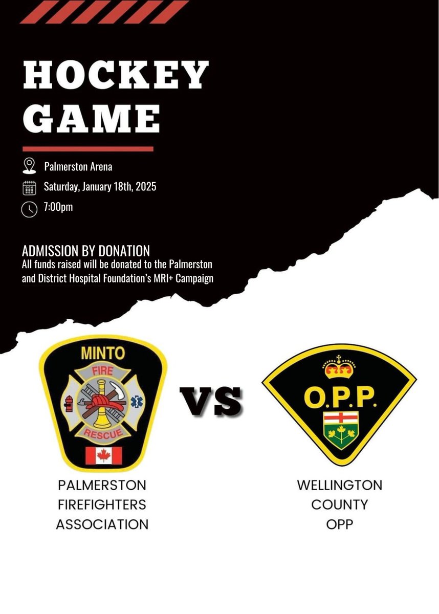 #WellingtonOPP - Get ready for the 2nd Annual Charity Hockey Game: WellingtonOPP vs <a href="/mintofiredept/">Minto Fire</a>  ! Join us at the Palmerston Arena on Jan 18, 2025, @ 7:00 PM for an action-packed night. Admission by donation with all proceeds supporting the MRI+ Campaign at Palmerston &amp;