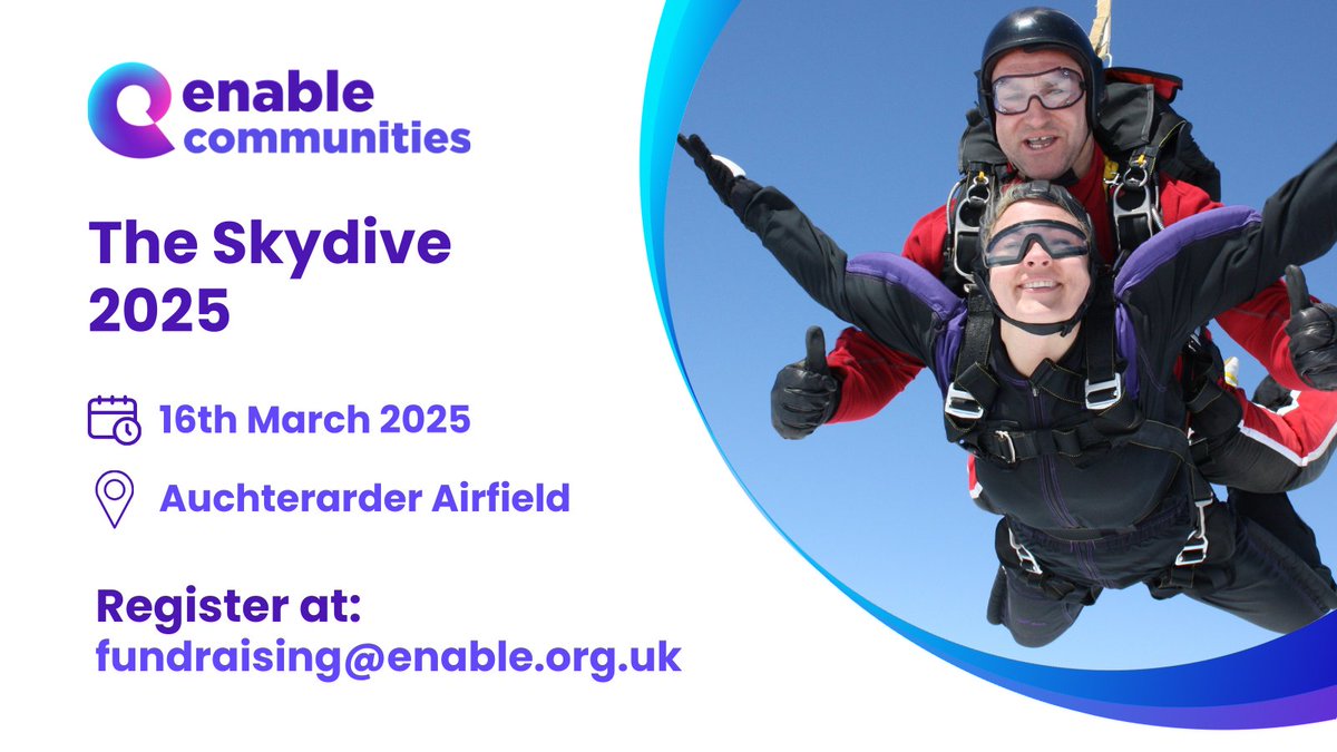 Enable (@enable_tweets) on Twitter photo Ready to take the leap in 2025? Join #TeamEnable for an unforgettable Skydive at Auchterarder Airfield on 16th March!
We'll cover your jump if you fundraise for us and send you a Team Enable top to wear as you soar!
Email fundraising@enable.org.uk to get involved. Ready to take the leap in 2025? Join #TeamEnable for an unforgettable Skydive at Auchterarder Airfield on 16th March!
We'll cover your jump if you fundraise for us and send you a Team Enable top to wear as you soar!
Email fundraising@enable.org.uk to get involved.