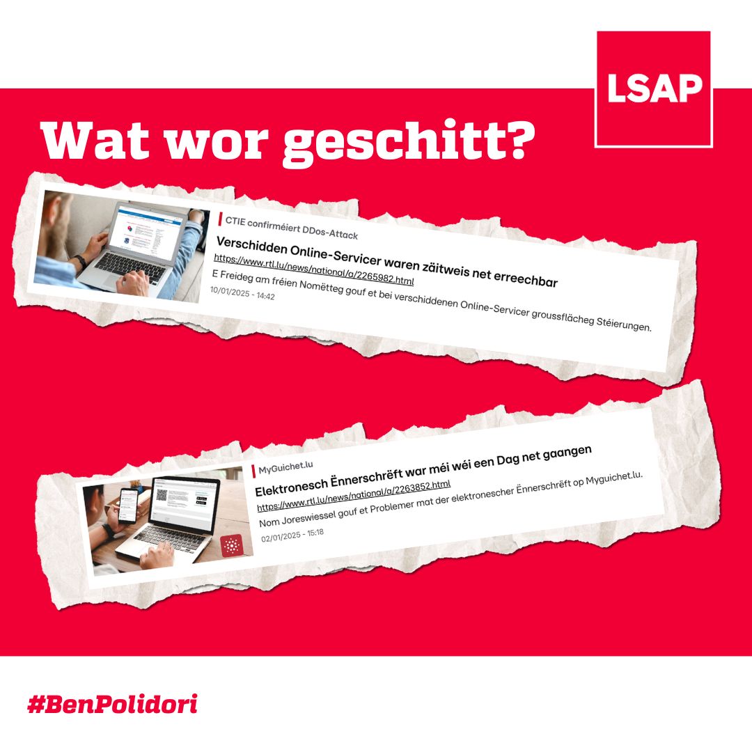 ben_polidori's tweet photo. Wéi geséchert ass eist digitaalt Lëtzebuerg? 💻
Leschte Freideg, den 10. Januar 2025, hunn DDoS-Attacke d’Online-Plattformen vum Staat ënnert anerem de "MyGuichet" an awer och aner wichteg Zerwisser wéi de „Luxtrust“ paralyséiert.
#lsap #digitalisation #DDoS #benpolidori https://t.co/VVjQ60lGnp