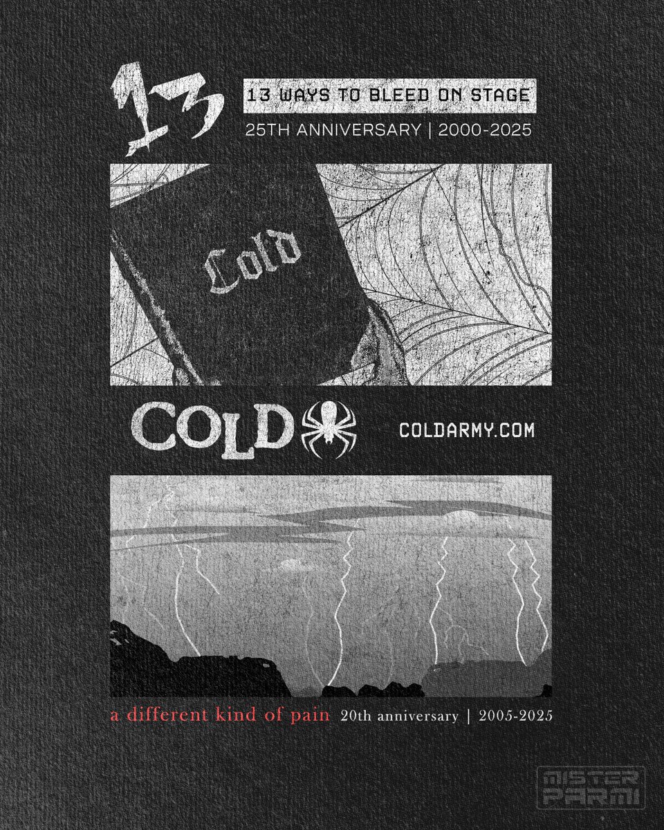 MisterParmi's tweet image. This year marks the celebration of two Cold albums: &quot;13 Ways to Bleed on Stage&quot; and &quot;A Different Kind of Pain&quot;. 

This is going to be a fun one!
.
.
.
#coldarmy @cold @LindsayManfredi @uni_drive