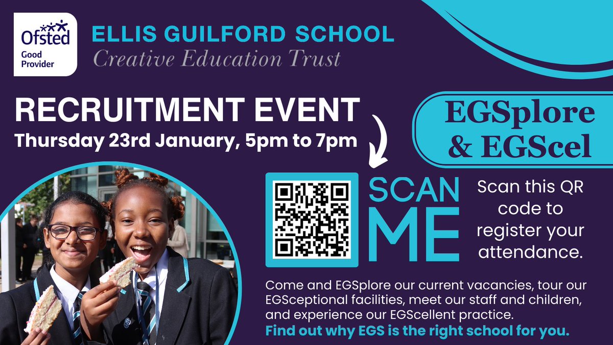 Creative Education Trust (@creativeedtrust) on Twitter photo Come along to <a href="/Ellis_Guilford/">Ellis Guilford</a>'s RECRUITMENT EVENT on Thursday 23 January, 5pm to 7pm. Meet EGS children and staff and find out why EGS is the right school for you!
Scan the QR code to register your attendance.
#NottinghamJobs #TeachingJobs #RecruitmentEvent Come along to <a href="/Ellis_Guilford/">Ellis Guilford</a>'s RECRUITMENT EVENT on Thursday 23 January, 5pm to 7pm. Meet EGS children and staff and find out why EGS is the right school for you!
Scan the QR code to register your attendance.
#NottinghamJobs #TeachingJobs #RecruitmentEvent