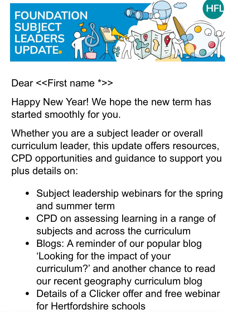 Are you a subject leader for a foundation subject in a primary school?
🏫 🎨 🌎 📜 ✂️ 🎶 ⚽️ 🇫🇷 🪔 
Our  foundation subject leader update email is here 🤩

Blogs, CPD and more… ⬇️
hfl.mobi/BTC-Jan2025 
 
Time for a cuppa and a quick read? ☕️