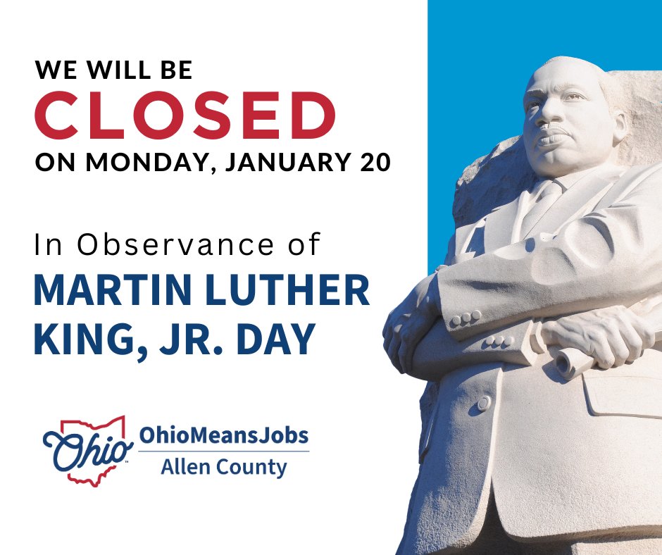 OMJAllenCounty's tweet photo. Our offices will be closed on Monday, January 20th, 2025, in observance of Martin
Luther King, Jr. Day.

Regular business hours will resume Tuesday, January 21, 2025.

#MartinLutherKingJr #MartinLutherKingJrDay https://t.co/noD5vDAzn2