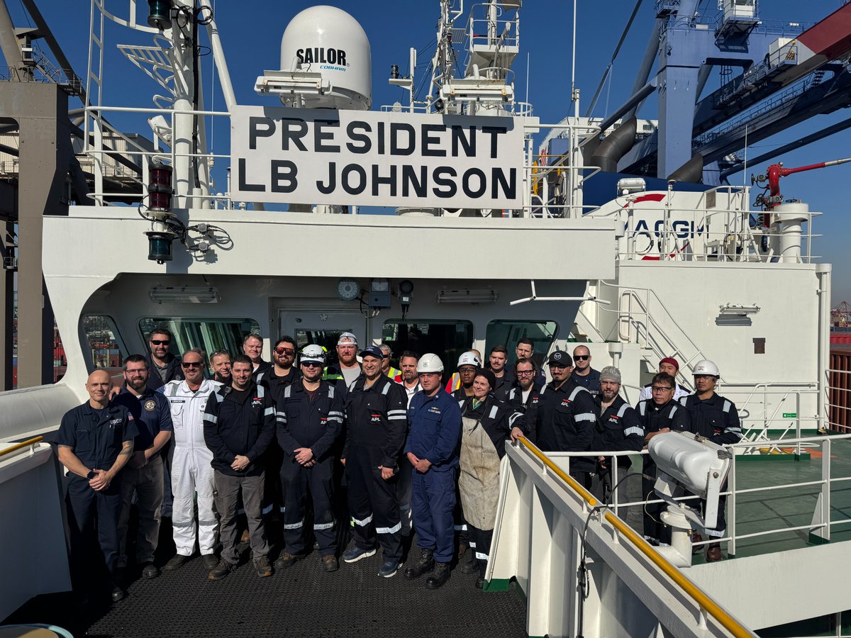 marine_firemen's tweet photo. The crew aboard APL's newest US-flag vessel - MV President LB Johnson. https://t.co/Fa9Yp1TXoe