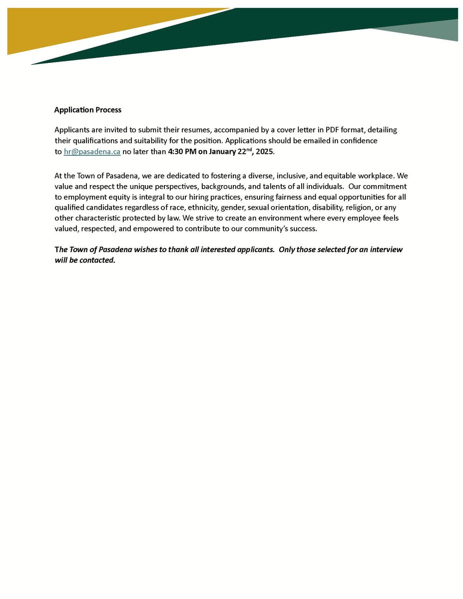 Now Hiring: Financial Administrative Officer
The Town of Pasadena is accepting applications for the position of Financial &amp; Administrative Officer. 
For more information visit our website at  pasadena.ca/2025/01/13/now…