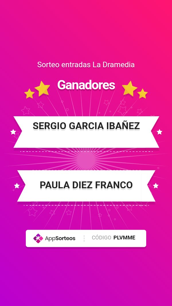 Ya tenemos a las dos personas ganadoras de dos entradas para La Dramedia. 

Enhorabuena, Sergio García Ibáñez y Paula Díez Franco. Podéis elegir tanto ver esta función en Logroño como en Vitoria.

Escribidnos por privado para haceros llegar la entrada