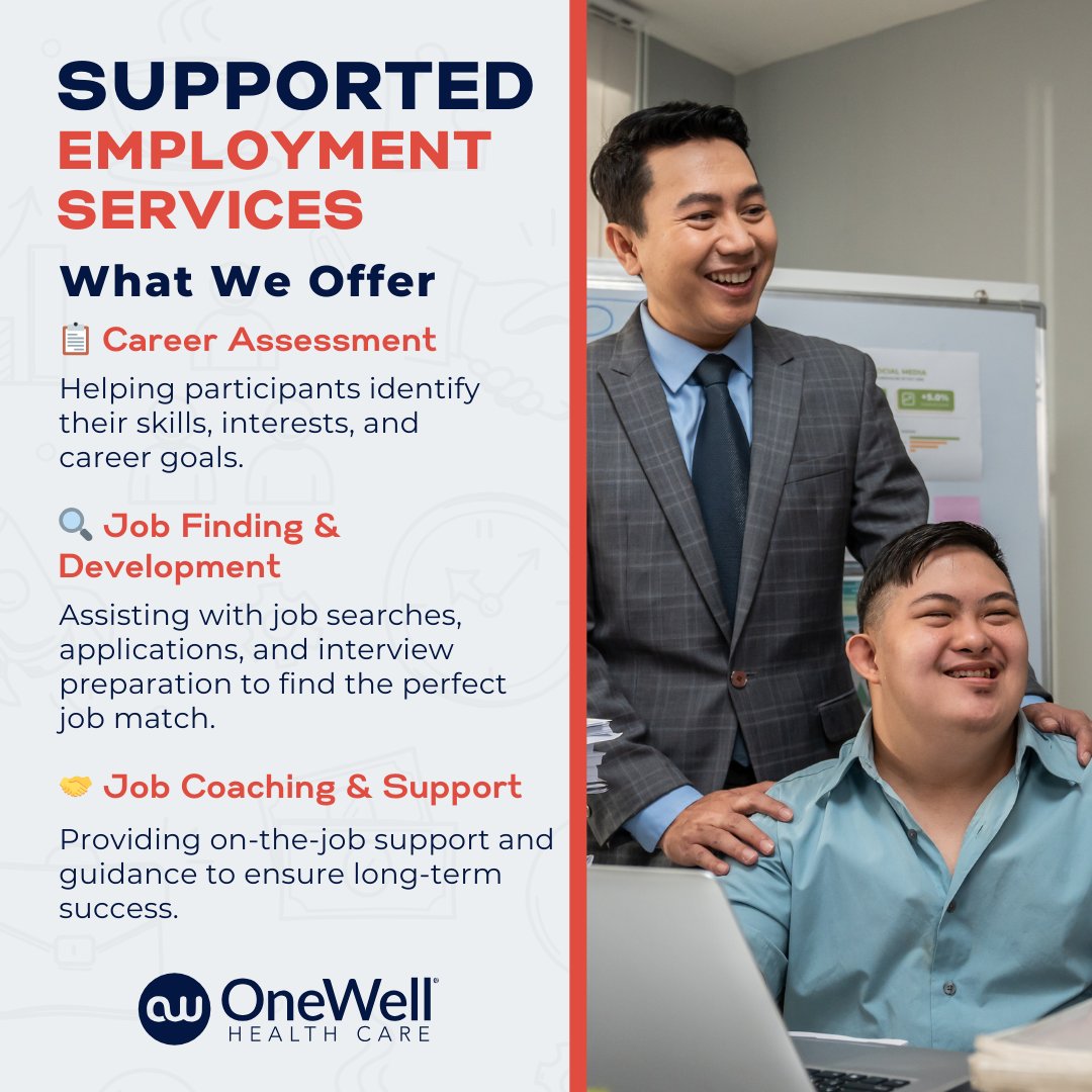 OneWellHealth's tweet image. At OneWell Health Care, we believe everyone deserves the opportunity to thrive in their career. That’s why we provide personalized Career Assessments, Job Finding &amp;amp; Development, and Job Coaching &amp;amp; Support to help our participants achieve their goals. 💼✨