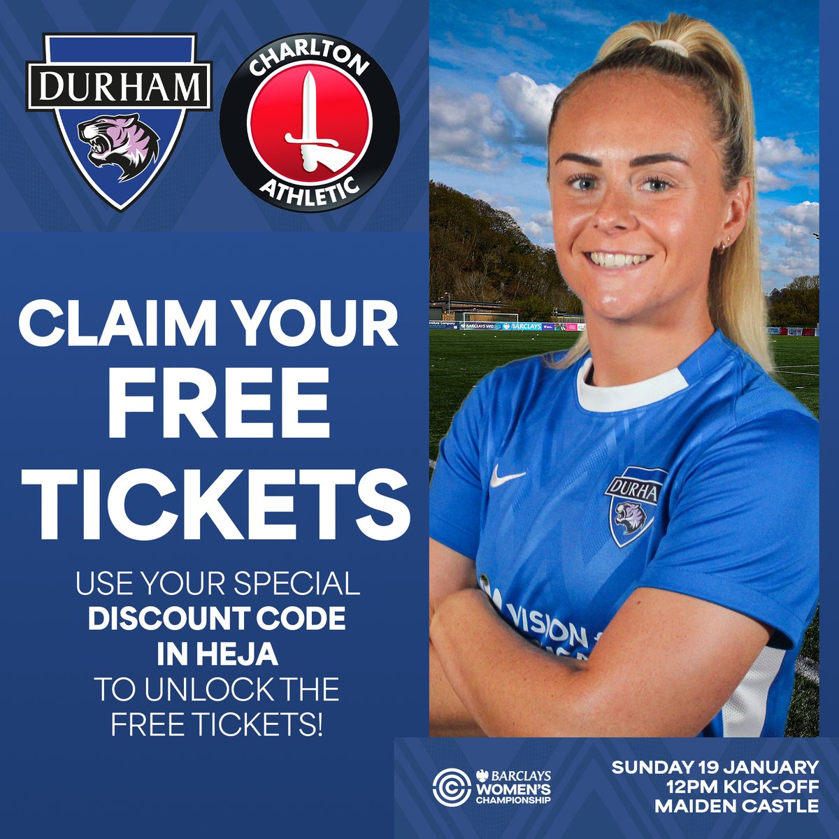 We can't wait to see all our Pathway players at the first-team game against Charlton on Sunday 💙    

Don't forget to check Heja for details of how to book your tickets! 👉 tinyurl.com/DurhamvCharlton