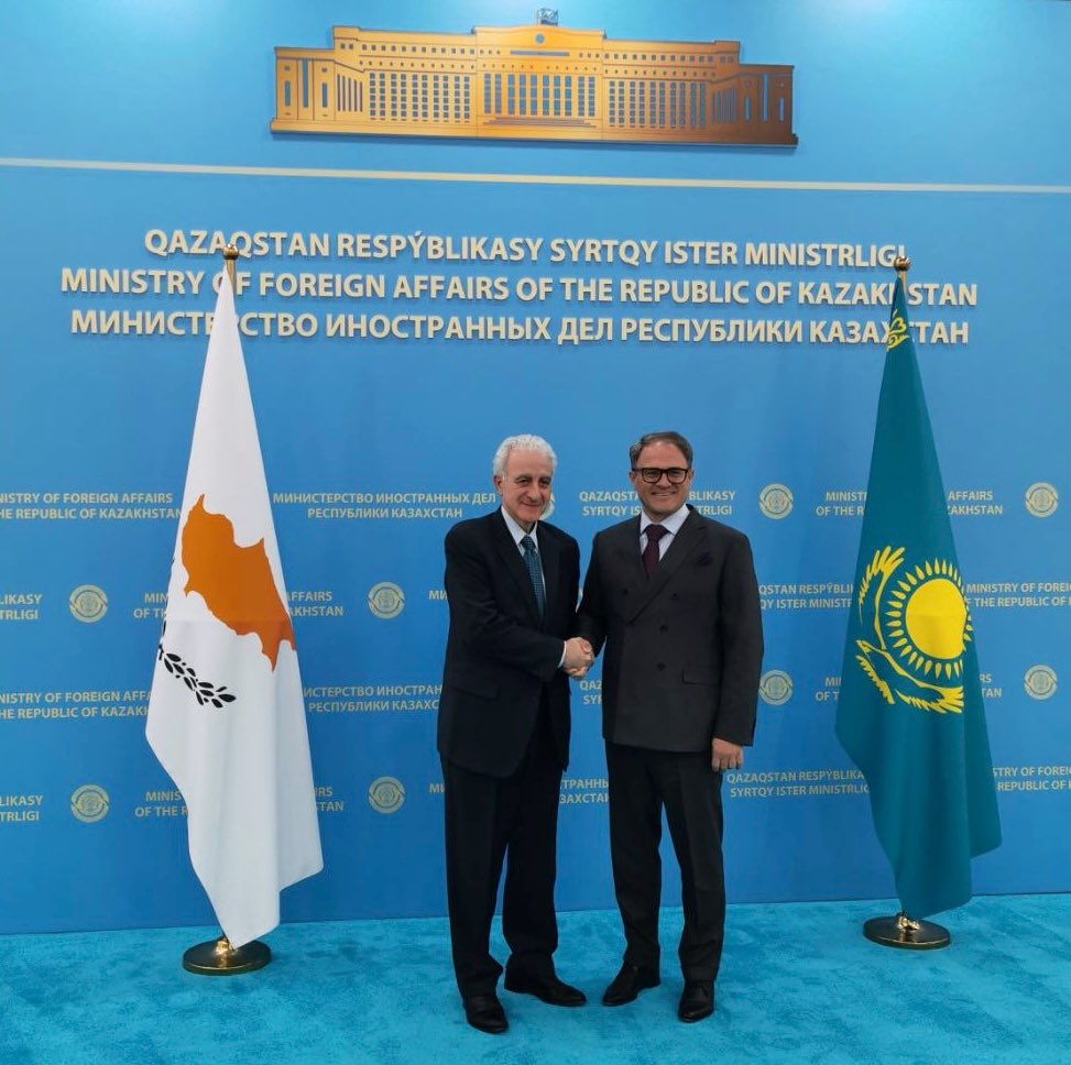 CyprusMFA's tweet photo. Productive political consultations between 🇨🇾 Permanent Secretary Amb. @AKakourisCY and @MFA_KZ 🇰🇿 Deputy Foreign Minister @romanvassilenko today in Astana. 

Exchanged views ranging from strengthening and advancing bilateral relations and multilateral cooperation. 

Cyprus Question, as well as, other regional and international issues on the agenda.