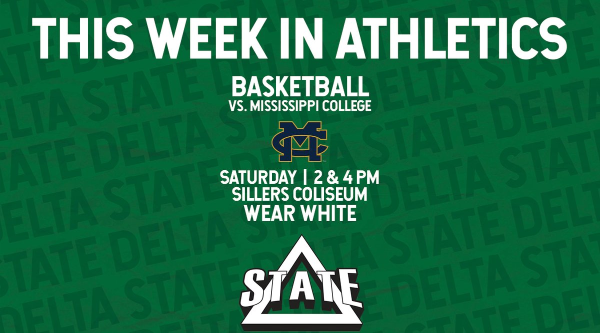 Delta State Athletics (@dsustatesmen) on Twitter photo Only one game this week, and it's a BIG one!
To Do List:
◽️wear white
◽️#beatmc
<a href="/DeltaStateWBB/">Lady Statesmen Basketball</a> <a href="/DeltaStateMBB/">Statesmen Basketball</a> Only one game this week, and it's a BIG one!
To Do List:
◽️wear white
◽️#beatmc
<a href="/DeltaStateWBB/">Lady Statesmen Basketball</a> <a href="/DeltaStateMBB/">Statesmen Basketball</a>