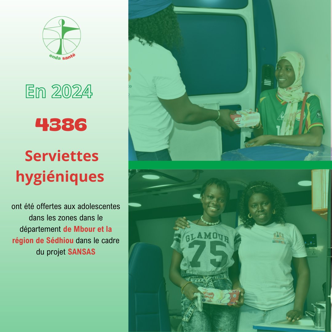 Nous facilitons l'accès des jeunes à des produits de qualité, par la distribution de serviette hygiénique lors des consultations à bord des cliniques mobiles de ENDA Santé, garantissant ainsi la dignité et la santé des filles et des femmes.