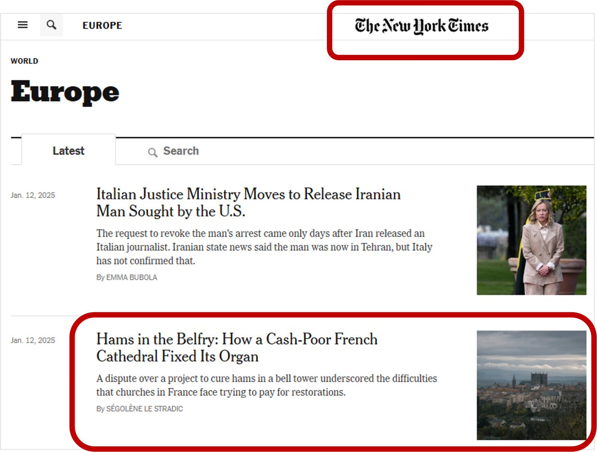 Edouard : "en cette année 2025 je souhaiterai que l'histoire des jambons de la cathédrale de Saint-Flour tranchée par Rachida Dati (l'histoire, pas la cathédrale) figure en une du New York Times"
Le New York Times :