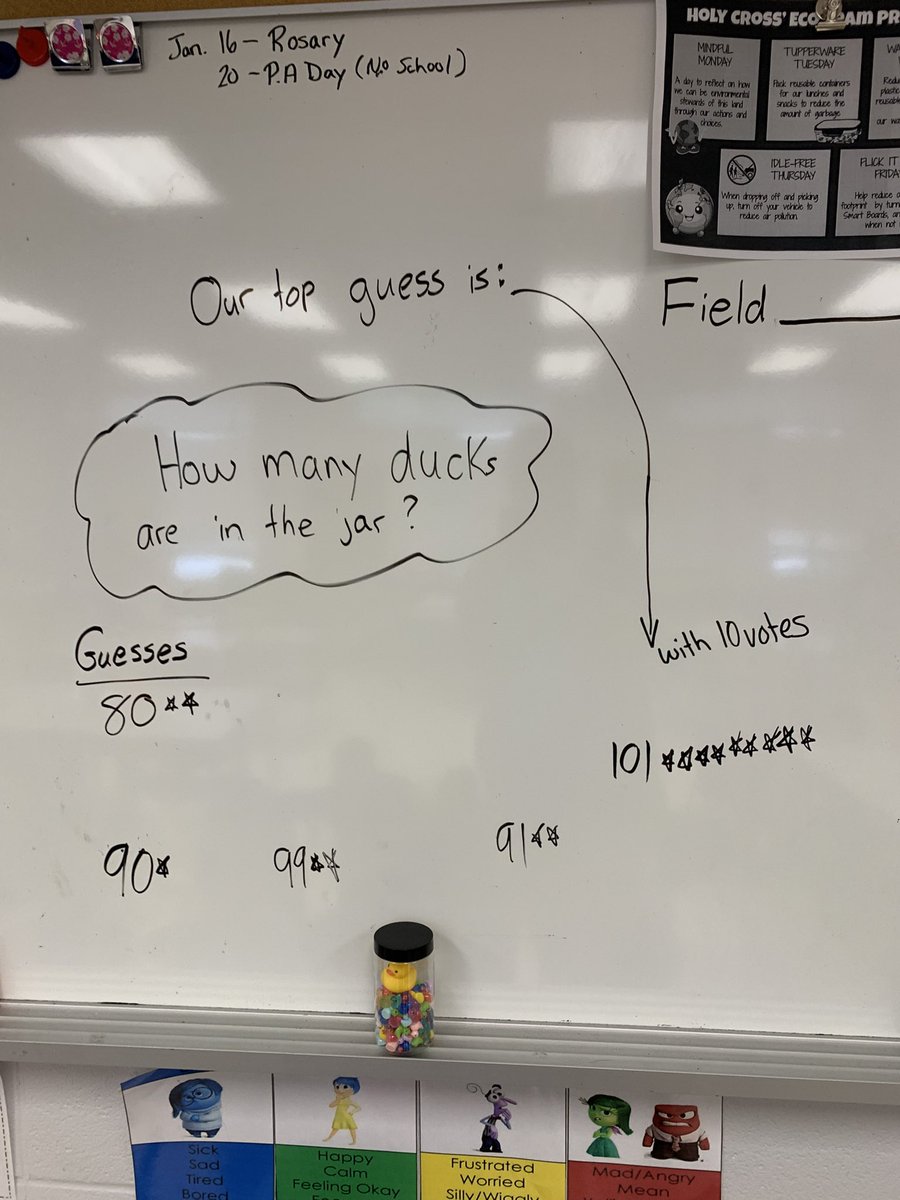 MrsSnyder7's tweet photo. This morning the 2’s of Rm. 108 took a look at the jar of ducks and guessed how many ducks were inside it…there were many guesses. We then talked about what guesses might be realistic and narrowed the guesses down. And voted! #DPRubberDuckyDay  @DP_math https://t.co/6tmGoekKqL
