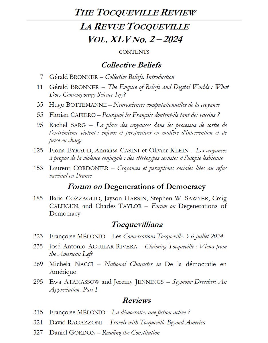 Tocqueville 21 (@tocqueville21) on Twitter photo The new issue of The Tocqueville Review is out ! 📚"Collective Beliefs"
Discover also: a forum on "degenerations of democracy", expert articles on Alexis de Tocqueville, and book reviews.
@UtpJournals <a href="/ProjectMUSE/">Project MUSE</a>
utppublishing.com/toc/ttr/45/2 The new issue of The Tocqueville Review is out ! 📚"Collective Beliefs"
Discover also: a forum on "degenerations of democracy", expert articles on Alexis de Tocqueville, and book reviews.
@UtpJournals <a href="/ProjectMUSE/">Project MUSE</a>
utppublishing.com/toc/ttr/45/2