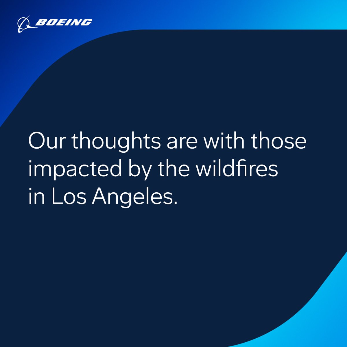 The Boeing Company (@boeing) on Twitter photo Our thoughts are with those impacted by the wildfires in Los Angeles. To assist with recovery and relief efforts, we're donating $1 million to the <a href="/RedCross/">American Red Cross</a> , <a href="/calfund/">CCF</a>, <a href="/LAFoodBank/">LA Regional Food Bank</a> and <a href="/LAFDFoundation/">LAFD Foundation</a>.
Each of these organizations work to provide immediate relief to those in need Our thoughts are with those impacted by the wildfires in Los Angeles. To assist with recovery and relief efforts, we're donating $1 million to the <a href="/RedCross/">American Red Cross</a> , <a href="/calfund/">CCF</a>, <a href="/LAFoodBank/">LA Regional Food Bank</a> and <a href="/LAFDFoundation/">LAFD Foundation</a>.
Each of these organizations work to provide immediate relief to those in need