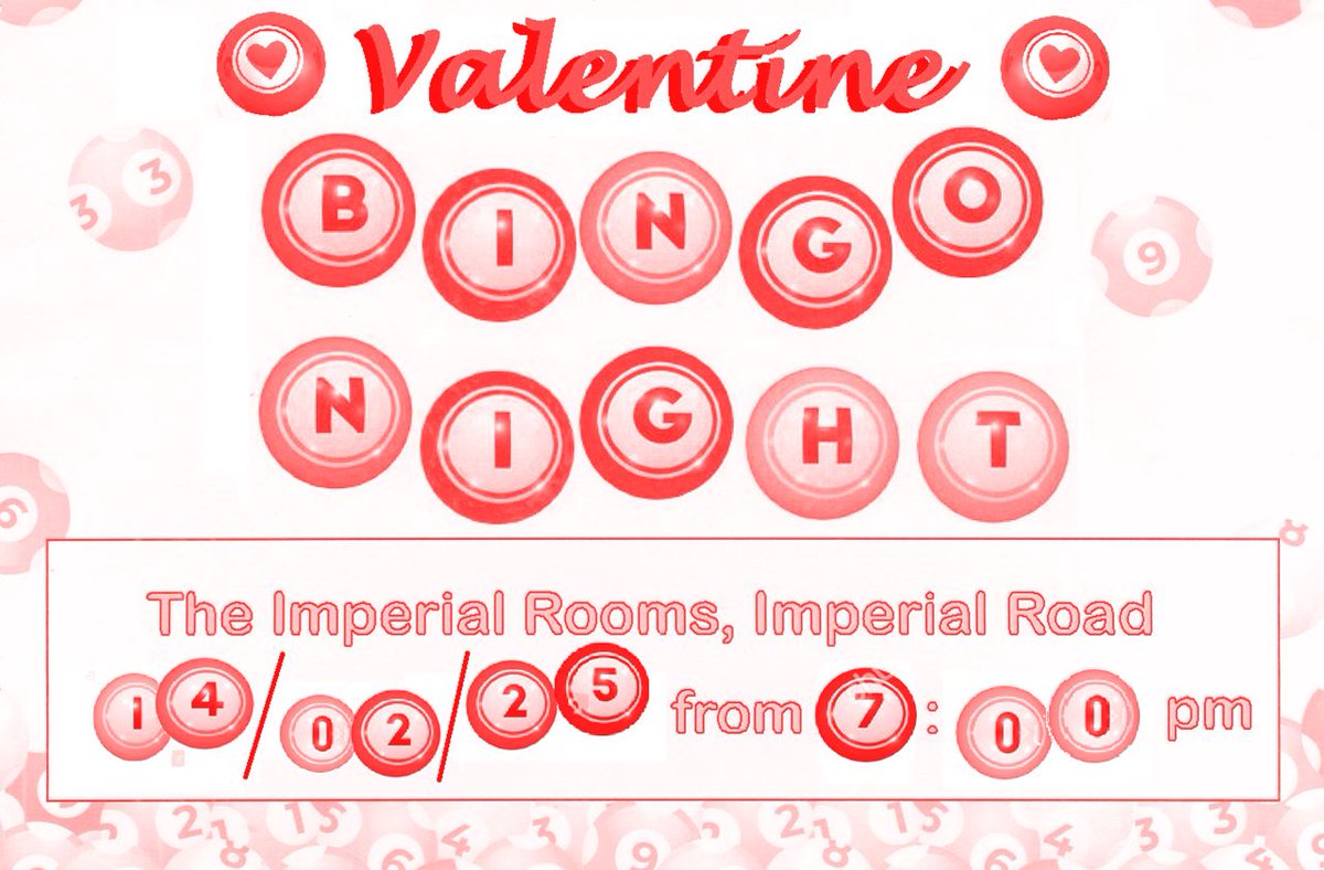 MatlockCouncil's tweet image. Valentine's Bingo Night at The Imperial Rooms in Matlock.  Friday the 14th of February At 7:00pm.
Cash prizes, entertainment, and of course Bingo!