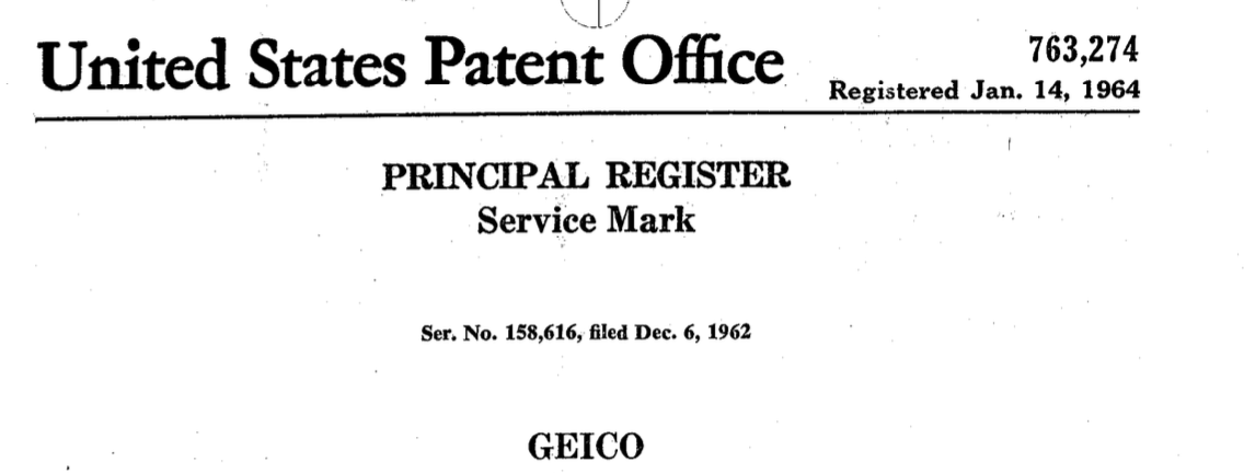 Another #HowOldAmI pop quiz for your Monday:
The Government Employee Insurance Company was established in 1936 but its trademark Geico® is more recent than that.
The date in the image tells you when it was registered. Can you guess when it was first used in the U.S.?
#trademarks