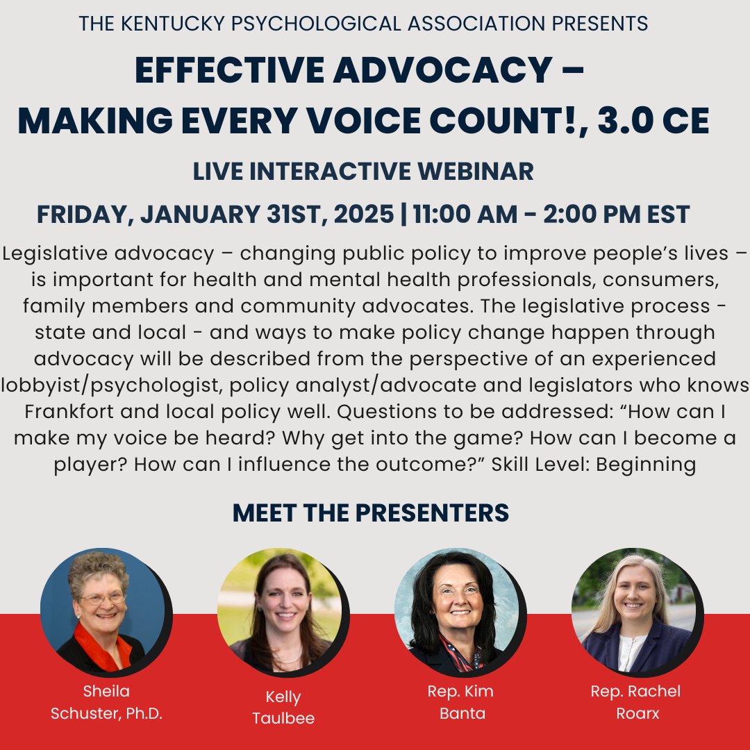 NEW DATE! 📣 Here's to making advocacy a priority in 2025! 💪✨ Join us on Friday, January 31st for this 3 hour workshop and hear from advocates &amp; state legislators. 

Registration link: bit.ly/40hr81A

#AdvocateForChange #MentalHealthMatters #Kentucky #YourVoiceMatters