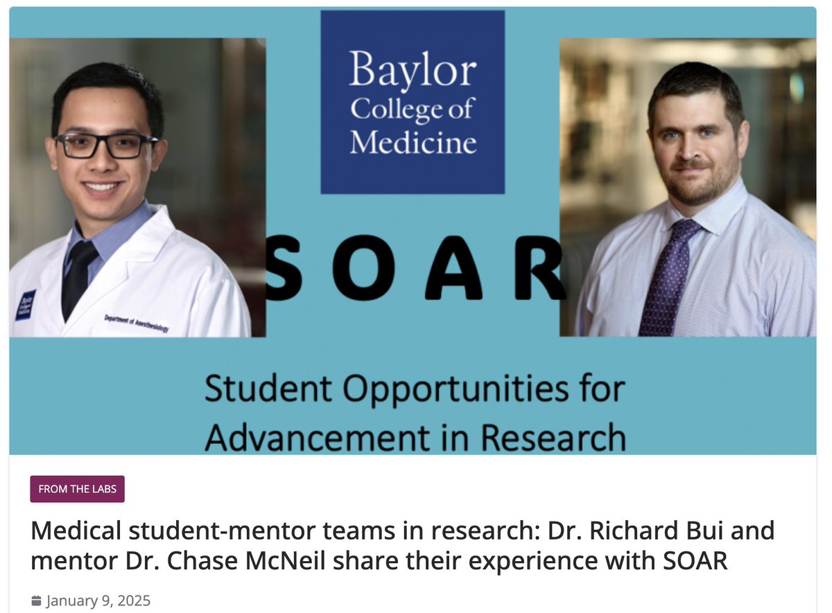 bcm_soar (@bcm_soar) on Twitter photo Opportunity for BCM Faculty Mentors in SOAR: Learn how Dr. Richard Bui, a recent medical graduate and current <a href="/BCMAnesRes/">BCM Anesthesiology Residency</a>, and his mentor, Dr. Chase McNeil, turned their collaboration through SOAR into a first-author publication and presentation
Contact us to become a mentor! Opportunity for BCM Faculty Mentors in SOAR: Learn how Dr. Richard Bui, a recent medical graduate and current <a href="/BCMAnesRes/">BCM Anesthesiology Residency</a>, and his mentor, Dr. Chase McNeil, turned their collaboration through SOAR into a first-author publication and presentation
Contact us to become a mentor!