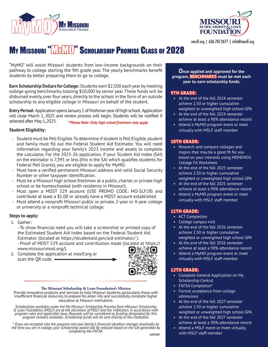 📣 Hey Class of 2028, here is a scholarship opportunity for those of you who want to get a jump on paying for college! The application is open now, and you can scan the QR code or go to moslf.org for application information! 👨‍🎓👩‍🎓