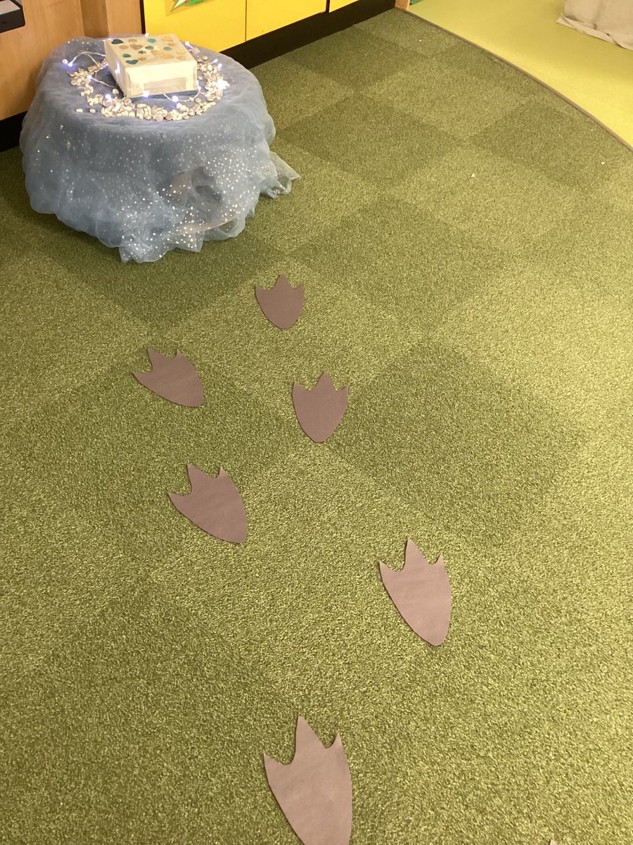 Class 2 were excited to find footprints leading to the classroom this morning. They followed the footprints and found a shiny box containing some penguins for the polar small world area.