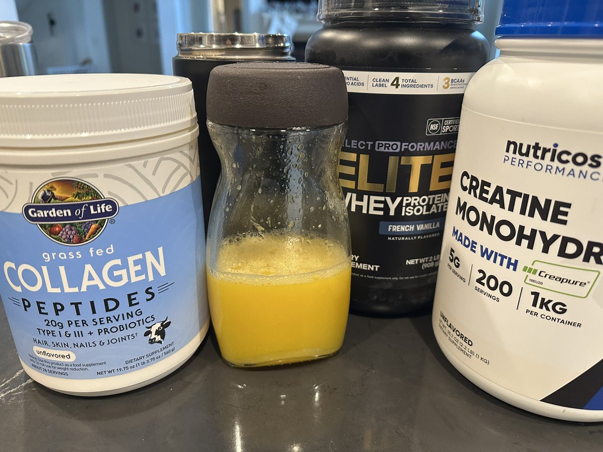 The Pre-Workout Formula I’ve used for over a decade with ELITE athletes for:

-Energy
-Tendon health 
-Muscle building

OJ
Creatine
Collagen
Vanilla Whey Protein

Don’t let current health/fitness accounts fool you thinking they just discovered collagen/gelatin

I used to mix this