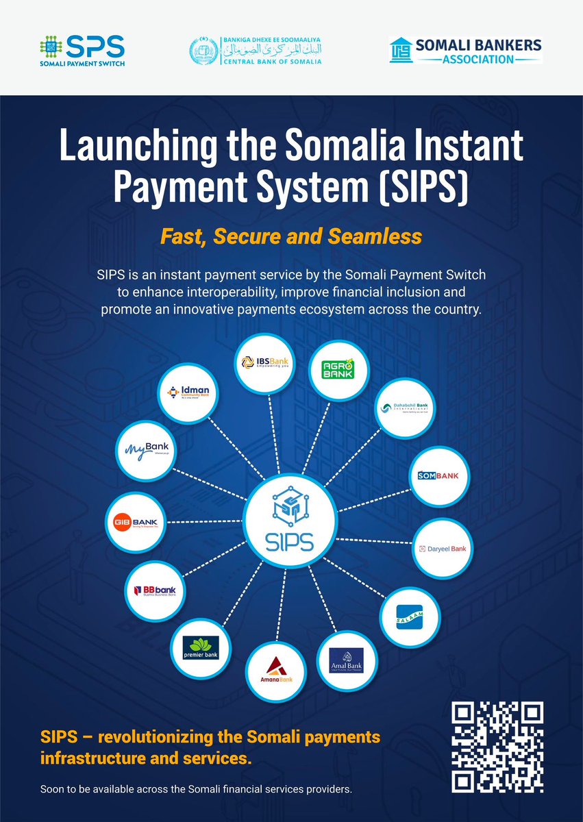 CentralBankSo's tweet photo. We are 𝐞𝐱𝐜𝐢𝐭𝐞𝐝 to announce the 𝐮𝐩𝐜𝐨𝐦𝐢𝐧𝐠 launch of the Somalia Instant Payment System (SIPS), a secure, real-time platform developed by the Somali Payment Switch, revolutionizing financial inclusion and modernizing Somalia's payment ecosystem.

#CBS
#SPS #SIPS
#SBA https://t.co/3w9dBeicUv