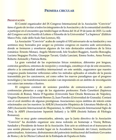 Última semana para enviar propuestas al congreso de la Asociación Internacional <a href="/Convivio1511/">Convivio</a> de poesía de cancionero (Roma, 16-19 de junio 2025)
Info (web y circular 1): seai.web.uniroma1.it/it/ix-congreso…
+Info (informaciones prácticas): seai.web.uniroma1.it/sites/default/…